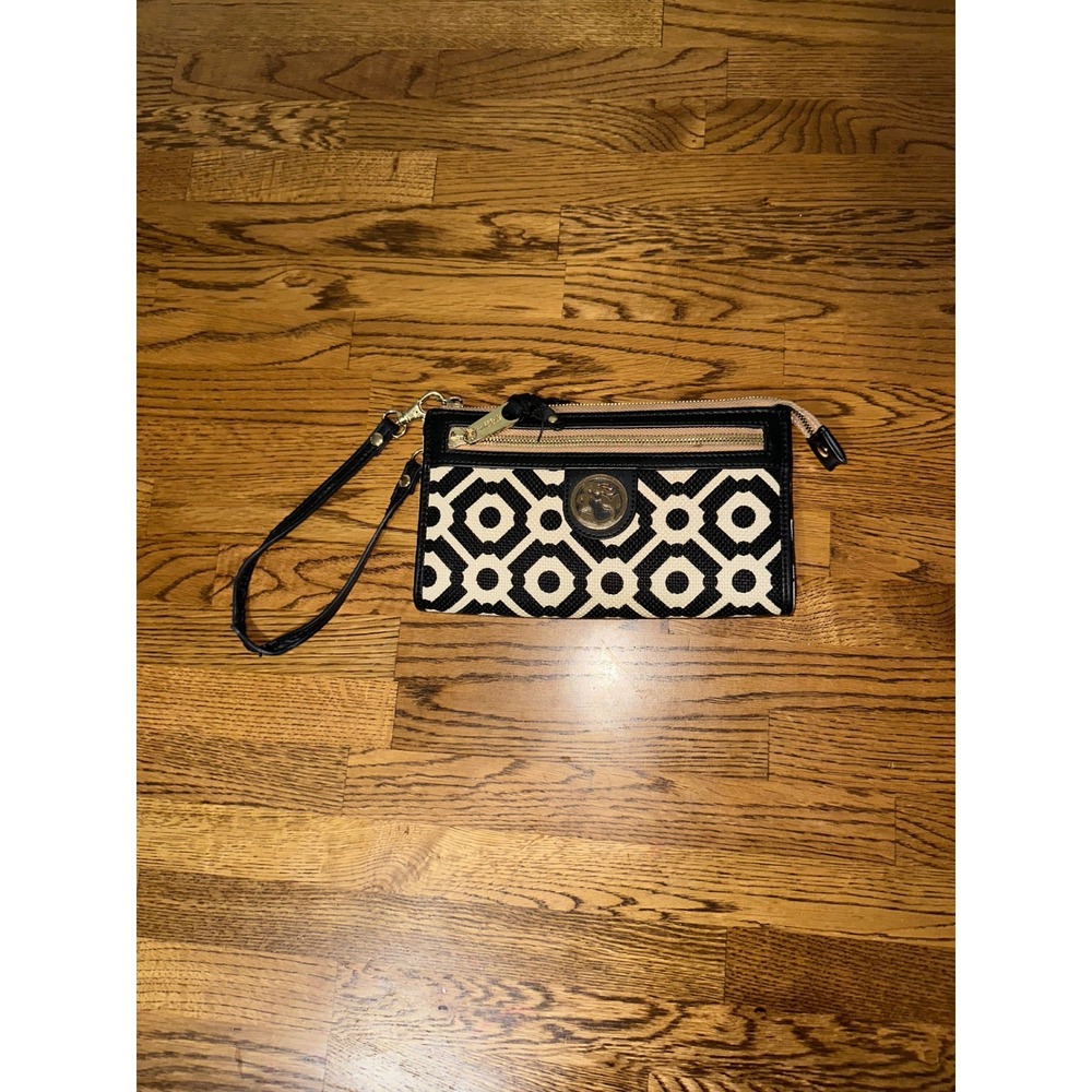 Spartina 449 Daufuskie Island Linen Leather Wristlet Wallet Black Cream Geo